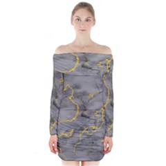 Marble Neon Retro Light Gray With Gold Yellow Veins Texture Floor Background Retro Neon 80s Style Neon Colors Print Luxuous Real Marble Long Sleeve Off Shoulder Dress by genx