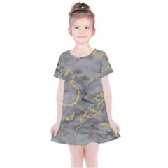 Marble Neon Retro Light Gray With Gold Yellow Veins Texture Floor Background Retro Neon 80s Style Neon Colors Print Luxuous Real Marble Kids  Simple Cotton Dress by genx