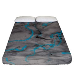 Marble Light Gray With Bright Cyan Blue Veins Texture Floor Background Retro Neon 80s Style Neon Colors Print Luxuous Real Marble Fitted Sheet (queen Size) by genx