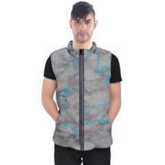 Marble Light Gray With Bright Cyan Blue Veins Texture Floor Background Retro Neon 80s Style Neon Colors Print Luxuous Real Marble Men s Puffer Vest by genx
