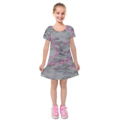 Marble Light Gray With Bright Magenta Pink Veins Texture Floor Background Retro Neon 80s Style Neon Colors Print Luxuous Real Marble Kids  Short Sleeve Velvet Dress by genx