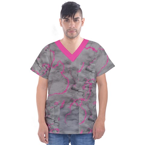 Marble Light Gray With Bright Magenta Pink Veins Texture Floor Background Retro Neon 80s Style Neon Colors Print Luxuous Real Marble Men s V-neck Scrub Top by genx