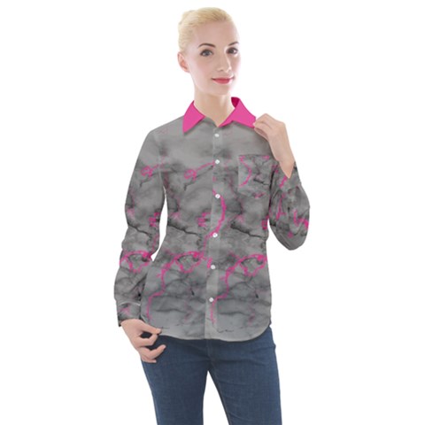 Marble Light Gray With Bright Magenta Pink Veins Texture Floor Background Retro Neon 80s Style Neon Colors Print Luxuous Real Marble Women s Long Sleeve Pocket Shirt by genx