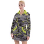 Marble light gray with green lime veins texture floor background retro neon 80s style neon colors print luxuous real marble Women s Long Sleeve Casual Dress