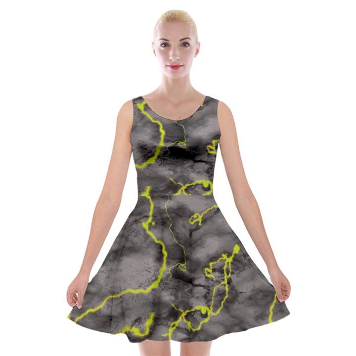 Marble light gray with green lime veins texture floor background retro neon 80s style neon colors print luxuous real marble Velvet Skater Dress