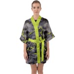 Marble light gray with green lime veins texture floor background retro neon 80s style neon colors print luxuous real marble Half Sleeve Satin Kimono 