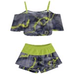 Marble light gray with green lime veins texture floor background retro neon 80s style neon colors print luxuous real marble Kids  Off Shoulder Skirt Bikini