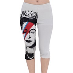 Banksy Graffiti Uk England God Save The Queen Elisabeth With David Bowie Rockband Face Makeup Ziggy Stardust Velvet Capri Leggings  by snek
