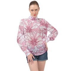 Pink Flowers High Neck Long Sleeve Chiffon Top by Sobalvarro