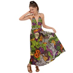 Halloween Doodle Vector Seamless Pattern Backless Maxi Beach Dress by Sobalvarro