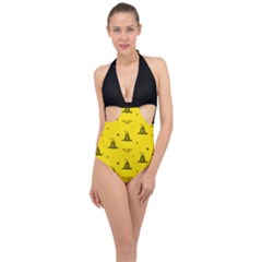 Gadsden Flag Don t Tread On Me Yellow And Black Pattern With American Stars Halter Front Plunge Swimsuit by snek