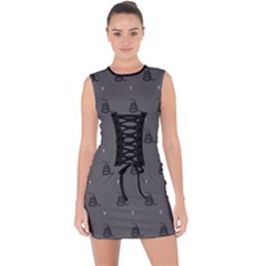 Gadsden Flag Don t Tread On Me Black And Gray Snake And Metal Gothic Crosses Lace Up Front Bodycon Dress by snek