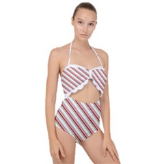 White Candy Cane Pattern With Red And Thin Green Festive Christmas Stripes Scallop Top Cut Out Swimsuit by genx