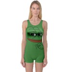 Pepe The Frog Smug face with smile and hand on chin meme Kekistan all over print green One Piece Boyleg Swimsuit