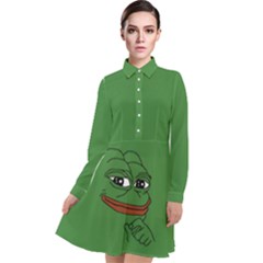 Pepe The Frog Smug Face With Smile And Hand On Chin Meme Kekistan All Over Print Green Long Sleeve Chiffon Shirt Dress by snek