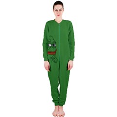 Pepe The Frog Smug Face With Smile And Hand On Chin Meme Kekistan All Over Print Green Onepiece Jumpsuit (ladies)  by snek