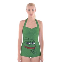 Pepe The Frog Smug Face With Smile And Hand On Chin Meme Kekistan All Over Print Green Boyleg Halter Swimsuit  by snek
