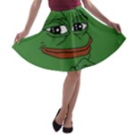Pepe The Frog Smug face with smile and hand on chin meme Kekistan all over print green A-line Skater Skirt