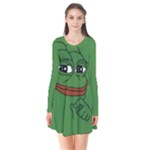 Pepe The Frog Smug face with smile and hand on chin meme Kekistan all over print green Long Sleeve V-neck Flare Dress