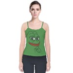 Pepe The Frog Smug face with smile and hand on chin meme Kekistan all over print green Velvet Spaghetti Strap Top