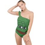 Pepe The Frog Smug face with smile and hand on chin meme Kekistan all over print green Frilly One Shoulder Swimsuit