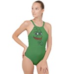 Pepe The Frog Smug face with smile and hand on chin meme Kekistan all over print green High Neck One Piece Swimsuit