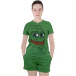 Pepe The Frog Smug face with smile and hand on chin meme Kekistan all over print green Women s Tee and Shorts Set