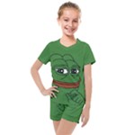 Pepe The Frog Smug face with smile and hand on chin meme Kekistan all over print green Kids  Mesh Tee and Shorts Set