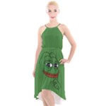 Pepe The Frog Smug face with smile and hand on chin meme Kekistan all over print green High-Low Halter Chiffon Dress 