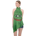 Pepe The Frog Smug face with smile and hand on chin meme Kekistan all over print green Halter Asymmetric Satin Top