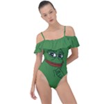 Pepe The Frog Smug face with smile and hand on chin meme Kekistan all over print green Frill Detail One Piece Swimsuit