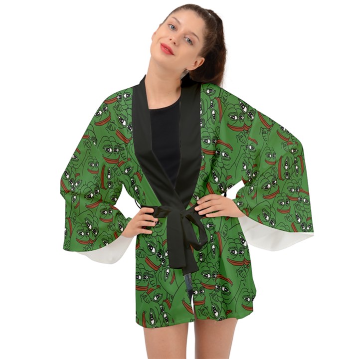 Pepe The Frog perfect a-ok handsign Pattern Praise KEK Kekistan Smug Smile Meme green background Long Sleeve Kimono