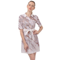 Marble With Metallic Rose Gold Intrusions On Gray White Stone Texture Pastel Pink Background Belted Shirt Dress by genx