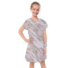 Marble With Metallic Gold Intrusions On Gray White Stone Texture Pastel Rose Pink Background Kids  Drop Waist Dress by genx