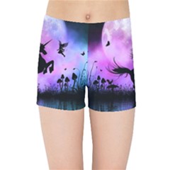 Wonderful Unicorn With Fairy In The Night Kids  Sports Shorts by FantasyWorld7