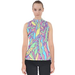 Feathers Pattern Mock Neck Shell Top