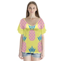Summer Pineapple Seamless Pattern V-neck Flutter Sleeve Top by Sobalvarro