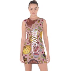 Thanksgiving Pattern Lace Up Front Bodycon Dress by Sobalvarro