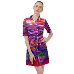 Wave Lines Pattern Abstract Belted Shirt Dress