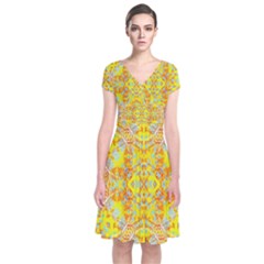 Vivid Warm Ornate Pattern Short Sleeve Front Wrap Dress by dflcprintsclothing
