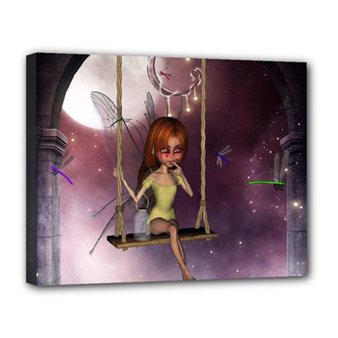 Little Fairy On A Swing With Dragonfly In The Night Canvas 14  X 11  (stretched) by FantasyWorld7