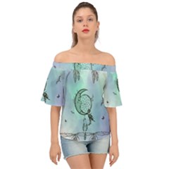 Dreamcatcher With Moon And Feathers Off Shoulder Short Sleeve Top by FantasyWorld7