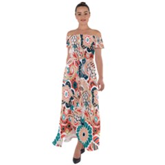 Baatik Floral Print Off Shoulder Open Front Chiffon Dress by designsbymallika