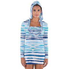 Blue Waves Pattern Long Sleeve Hooded T-shirt by designsbymallika