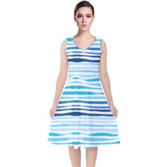 Blue Waves Pattern V-neck Midi Sleeveless Dress  by designsbymallika