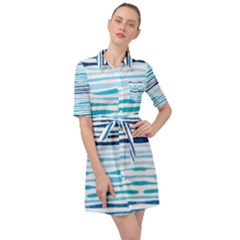 Blue Waves Pattern Belted Shirt Dress by designsbymallika