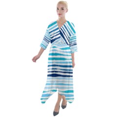 Blue Waves Pattern Quarter Sleeve Wrap Front Maxi Dress by designsbymallika