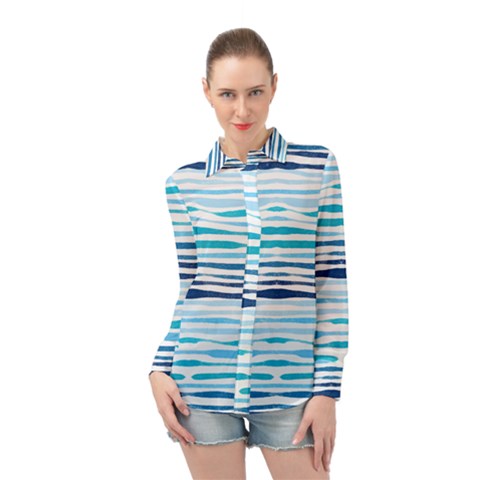 Blue Waves Pattern Long Sleeve Chiffon Shirt by designsbymallika