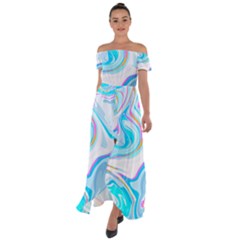 Blue Marble Print Off Shoulder Open Front Chiffon Dress by designsbymallika