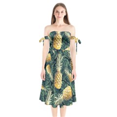 Pattern Ananas Tropical Shoulder Tie Bardot Midi Dress by kcreatif